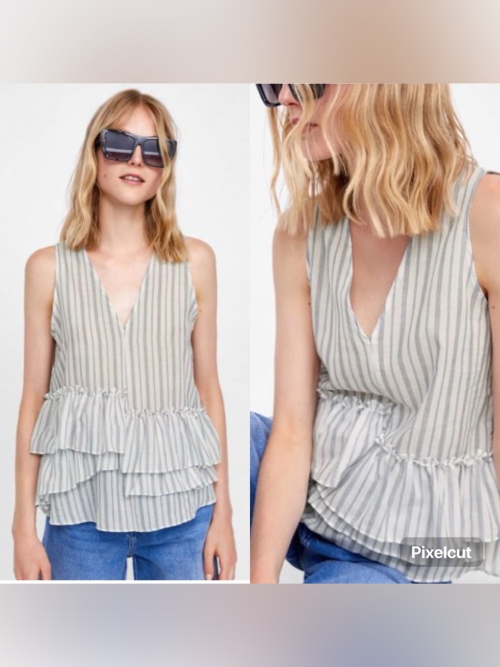 Zara White Ruffle Cotton Top Vertical Gray Pinstripes Coastal Nautical Size S